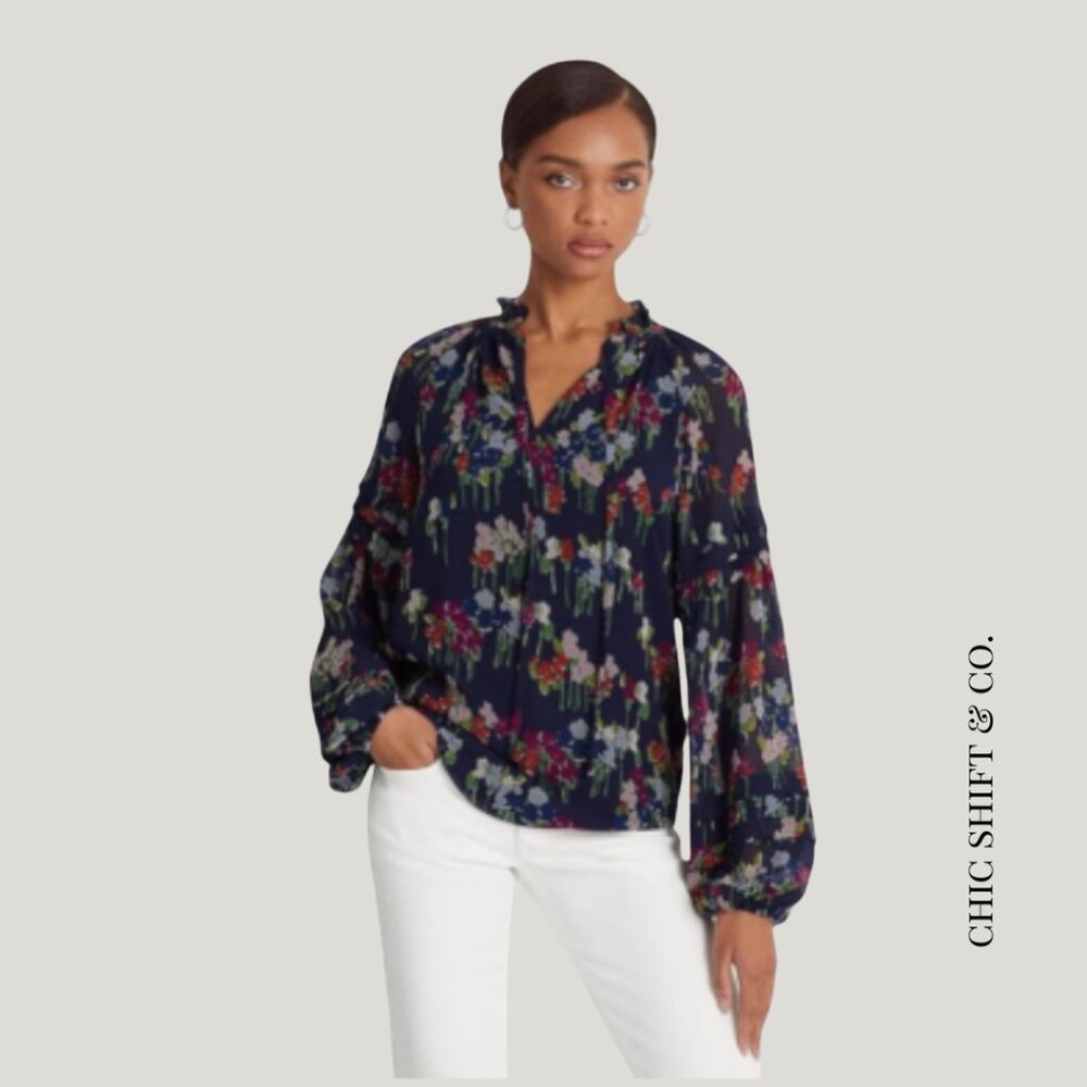 Lauren Ralph Lauren Floral Crinkle Georgette Blouse Size M EUC
